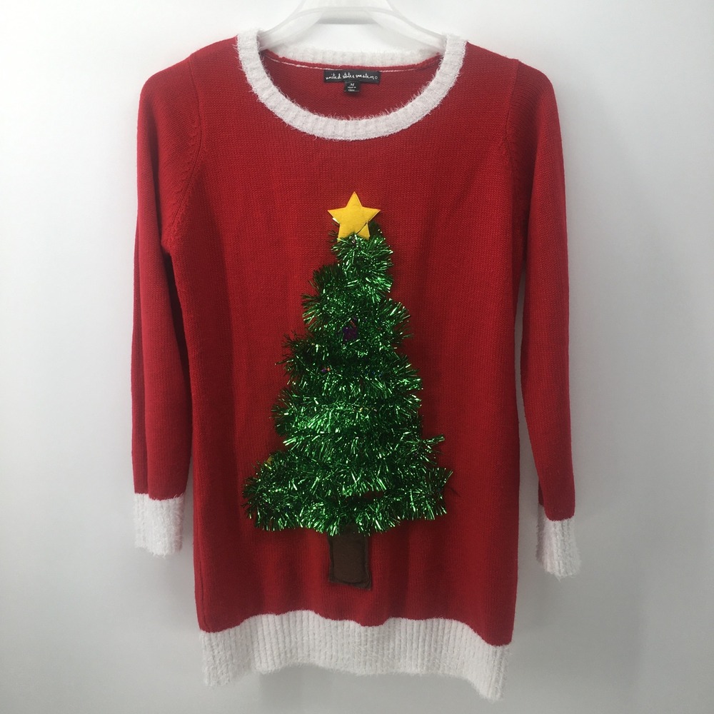 Ugly Christmas Tree Sweater Women M Red Tinsel Holiday Party Pullover Knit LS